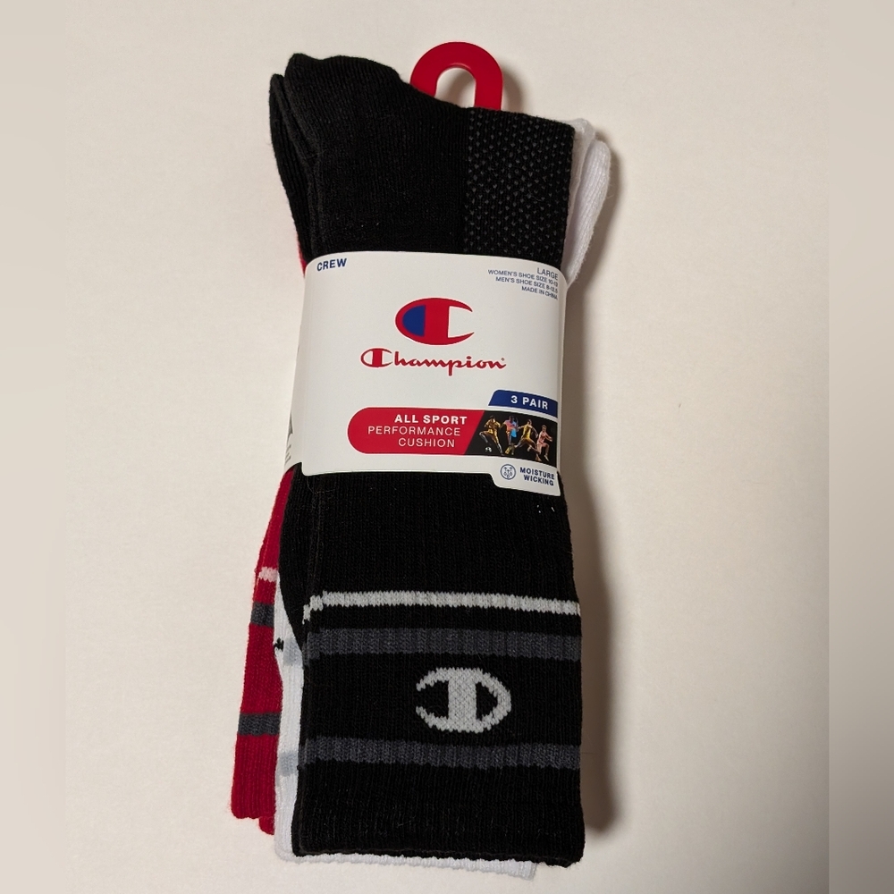 Champion Men's Black, White, and Red Crew Athletic Socks Large